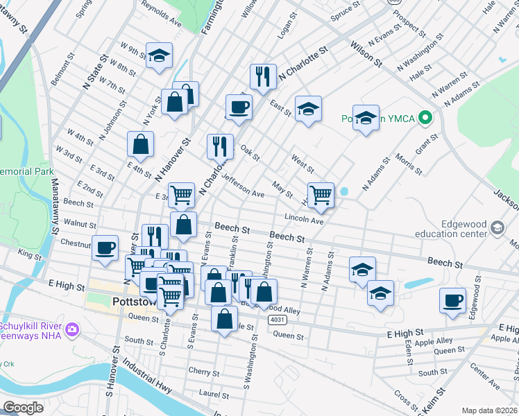 map of restaurants, bars, coffee shops, grocery stores, and more near 434 Lincoln Avenue in Pottstown