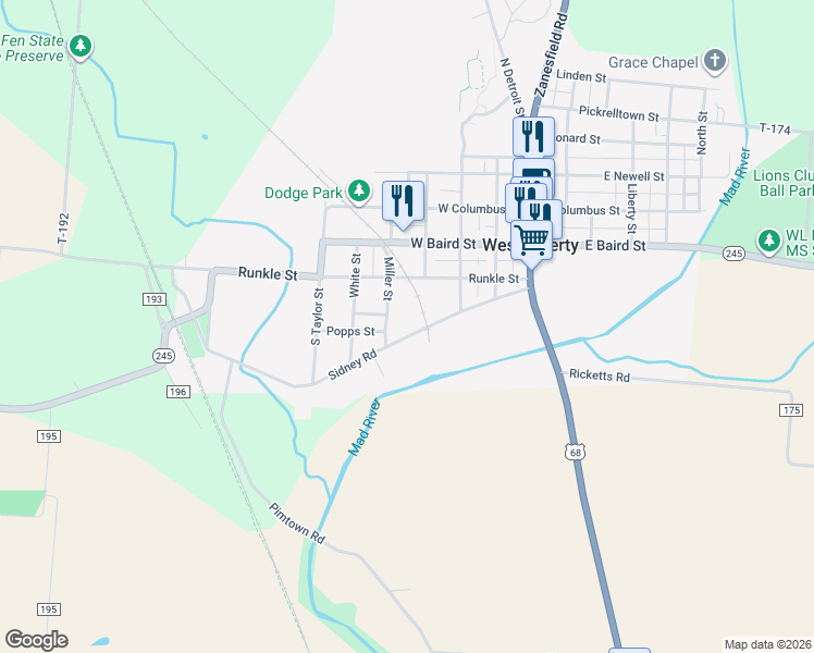 map of restaurants, bars, coffee shops, grocery stores, and more near 237 Miller Street in West Liberty