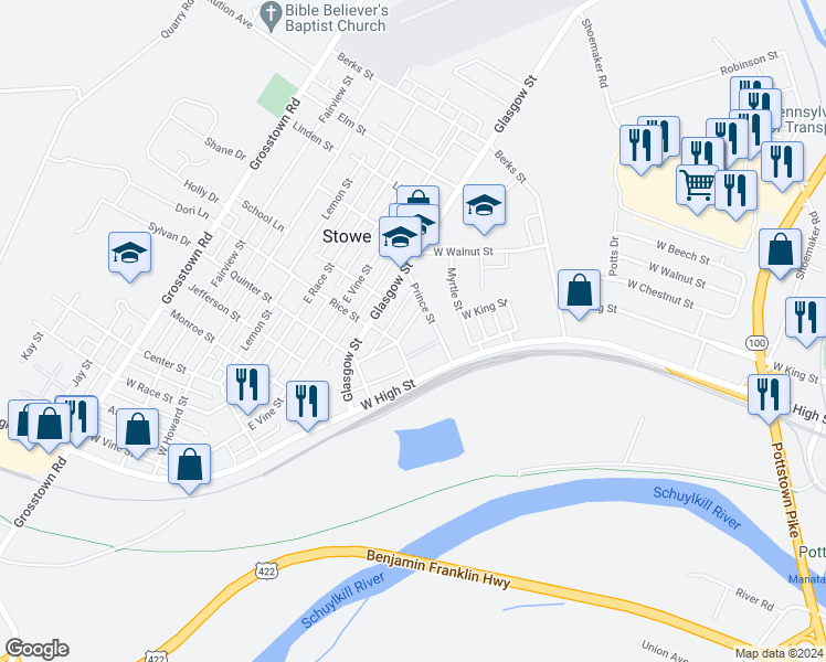 map of restaurants, bars, coffee shops, grocery stores, and more near 524 West Chestnut Street in Pottstown