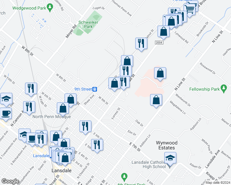 map of restaurants, bars, coffee shops, grocery stores, and more near 1008 North Broad Street in Lansdale