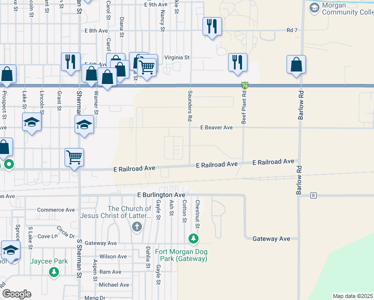 map of restaurants, bars, coffee shops, grocery stores, and more near 1000 East Railroad Avenue in Fort Morgan