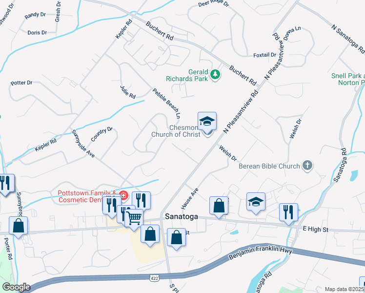 map of restaurants, bars, coffee shops, grocery stores, and more near 738 Village Lane in Pottstown