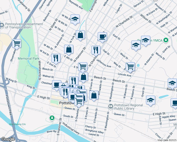 map of restaurants, bars, coffee shops, grocery stores, and more near 213 North Charlotte Street in Pottstown