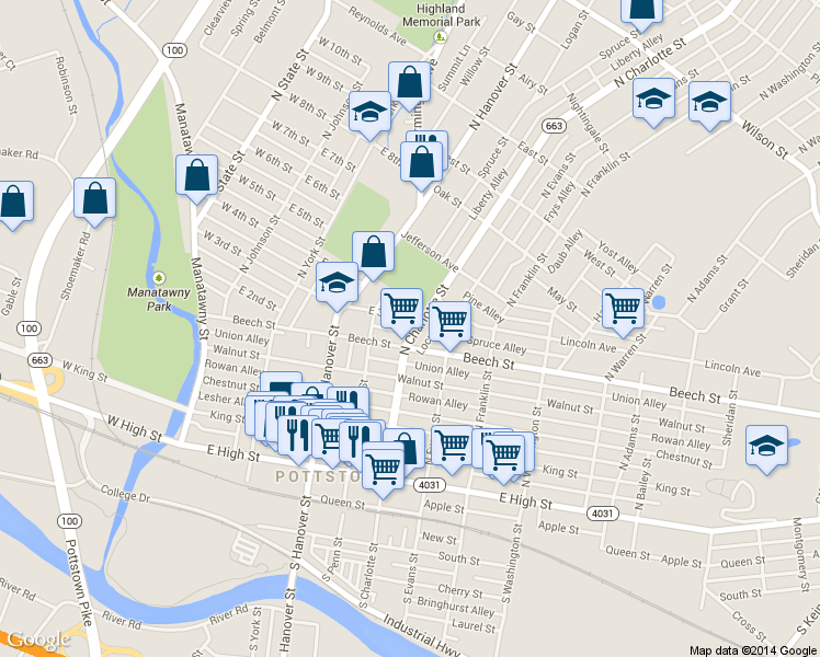 map of restaurants, bars, coffee shops, grocery stores, and more near 213 North Charlotte Street in Pottstown