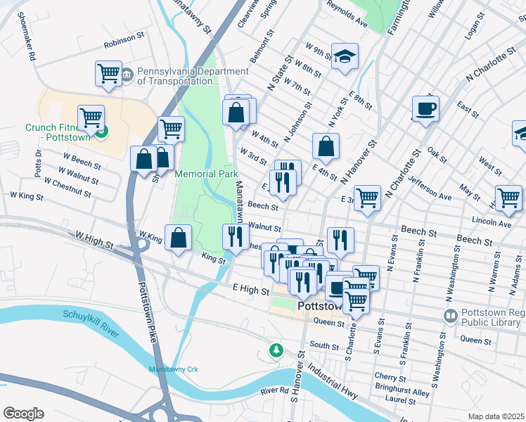 map of restaurants, bars, coffee shops, grocery stores, and more near 11 Walnut Street in Pottstown