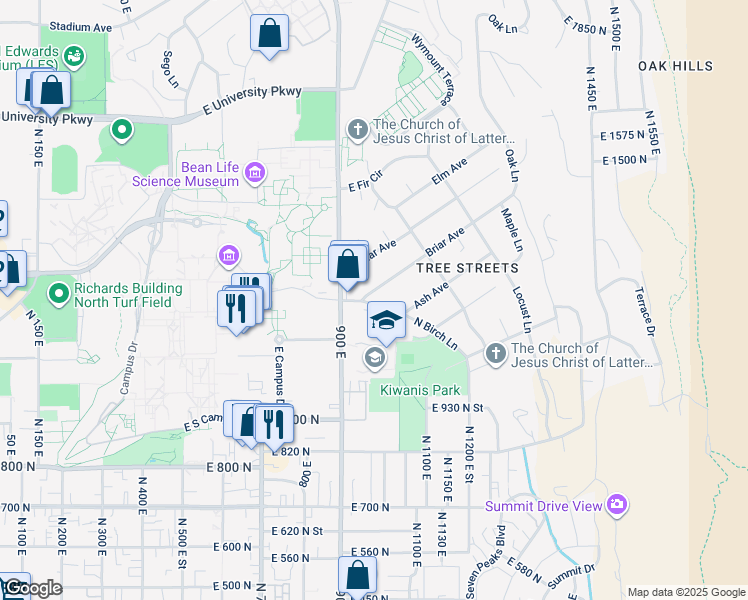 map of restaurants, bars, coffee shops, grocery stores, and more near 1196 Birch Lane in Provo