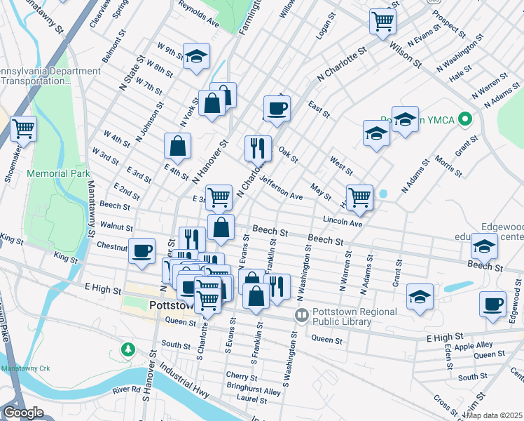 map of restaurants, bars, coffee shops, grocery stores, and more near 218 North Evans Street in Pottstown