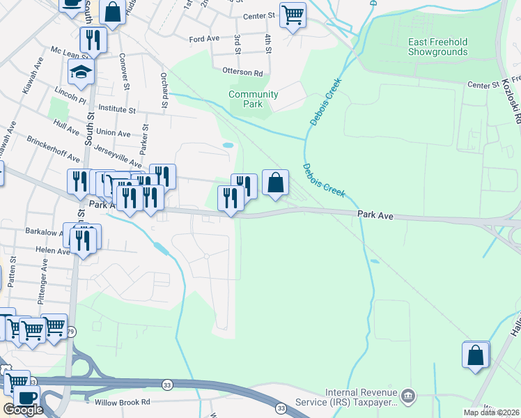 map of restaurants, bars, coffee shops, grocery stores, and more near 720 Park Avenue in Freehold