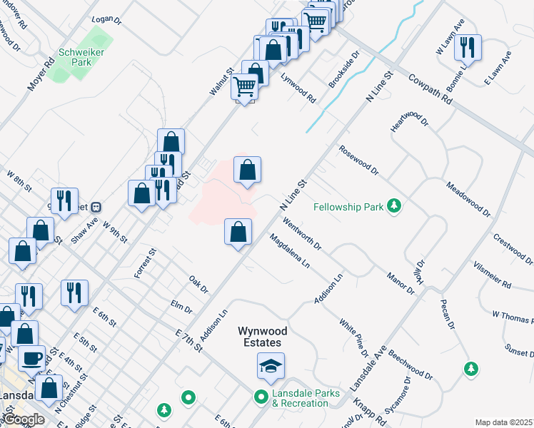 map of restaurants, bars, coffee shops, grocery stores, and more near 1220 North Line Street in Lansdale