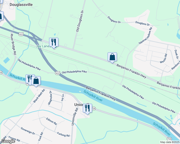 map of restaurants, bars, coffee shops, grocery stores, and more near Old Philadelphia Pike in Douglassville