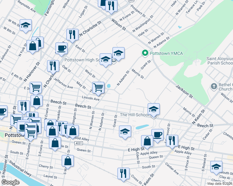 map of restaurants, bars, coffee shops, grocery stores, and more near 661 Jefferson Avenue in Pottstown