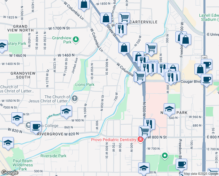 map of restaurants, bars, coffee shops, grocery stores, and more near 777 West 1200 North in Provo