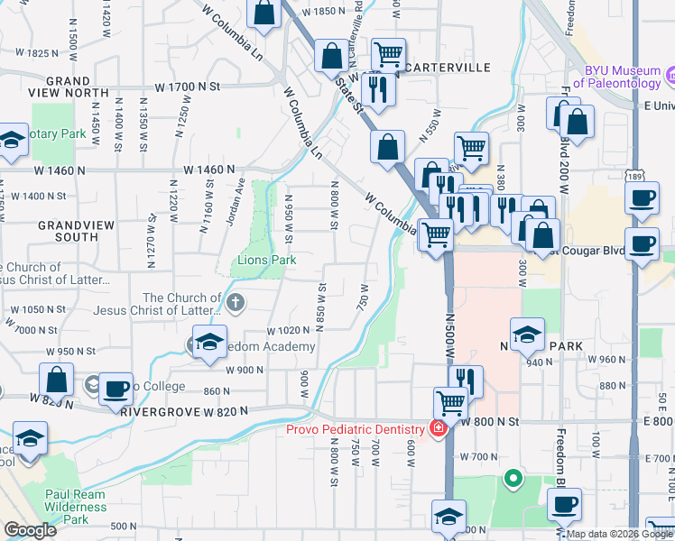 map of restaurants, bars, coffee shops, grocery stores, and more near 1174 850 West in Provo