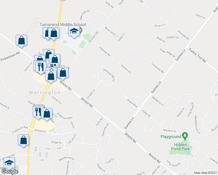 map of restaurants, bars, coffee shops, grocery stores, and more near 2331 Orchard Hill Circle in Warrington