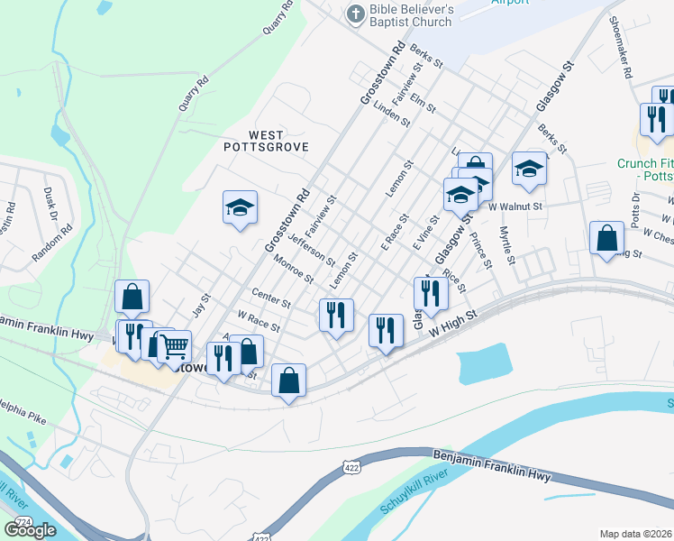 map of restaurants, bars, coffee shops, grocery stores, and more near 124 Lemon Street in Stowe