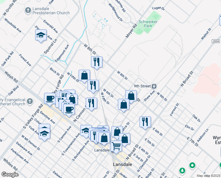 map of restaurants, bars, coffee shops, grocery stores, and more near 402 Acorn Street in Lansdale