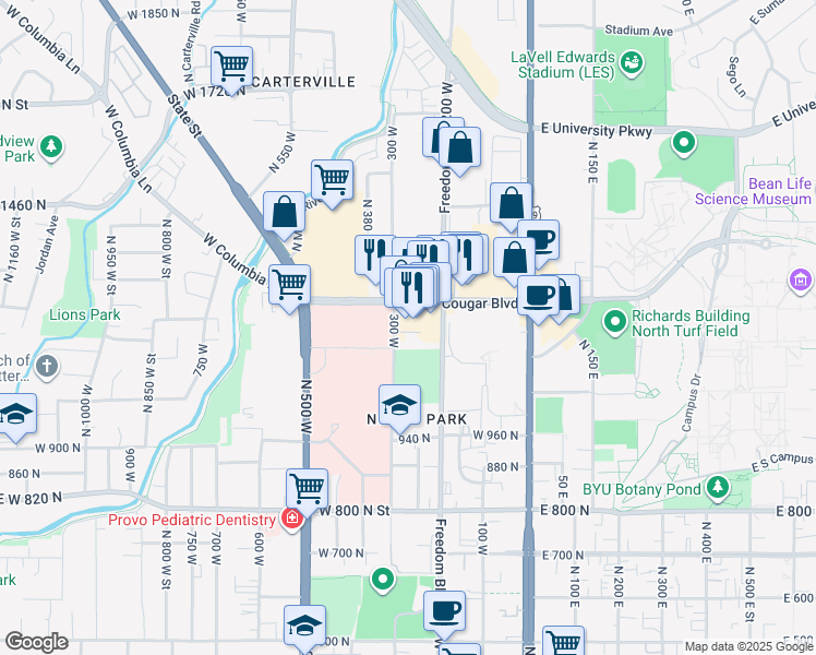 map of restaurants, bars, coffee shops, grocery stores, and more near 1155 North Freedom Boulevard in Provo