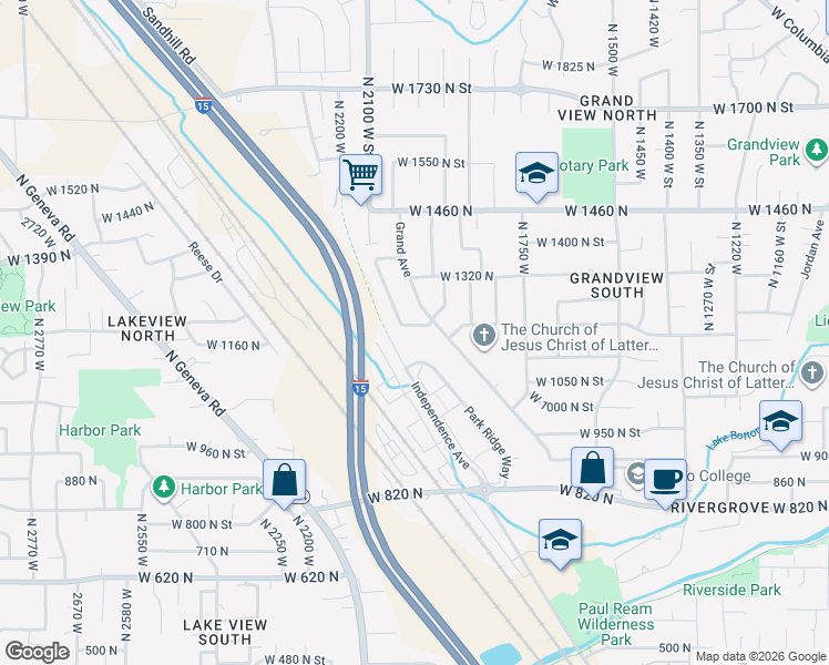 map of restaurants, bars, coffee shops, grocery stores, and more near 2027 Lakeview Drive in Provo