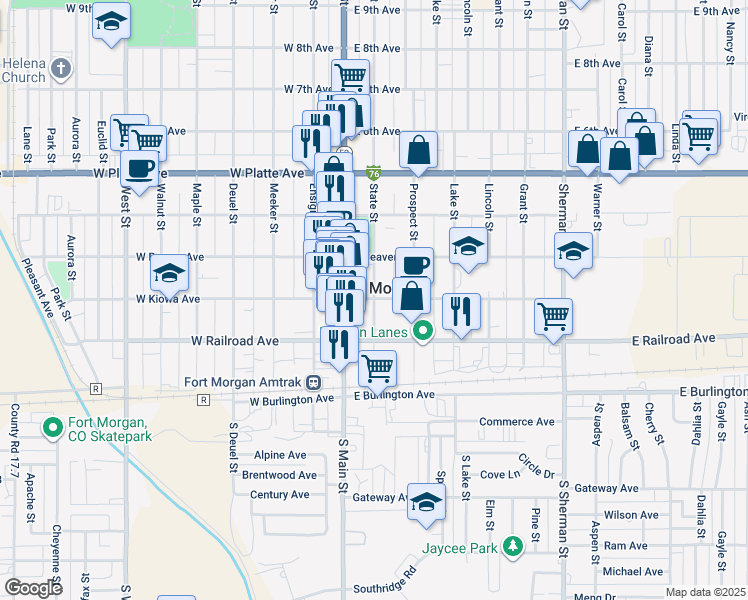 map of restaurants, bars, coffee shops, grocery stores, and more near 300 State Street in Fort Morgan