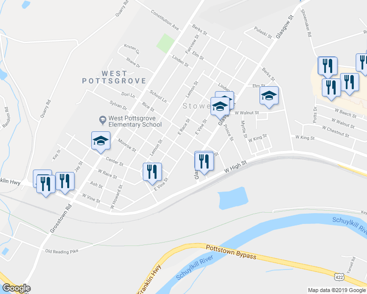 map of restaurants, bars, coffee shops, grocery stores, and more near 301 East Vine Street in Pottstown