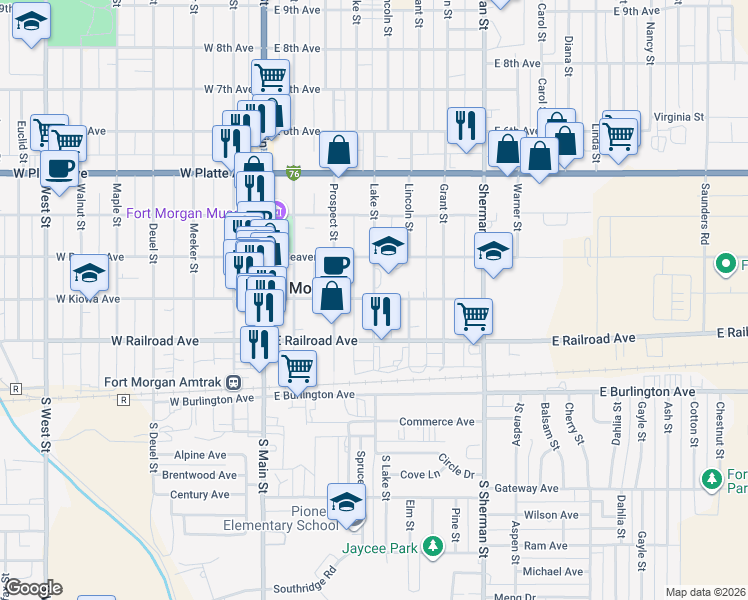 map of restaurants, bars, coffee shops, grocery stores, and more near 300 Lake Street in Fort Morgan