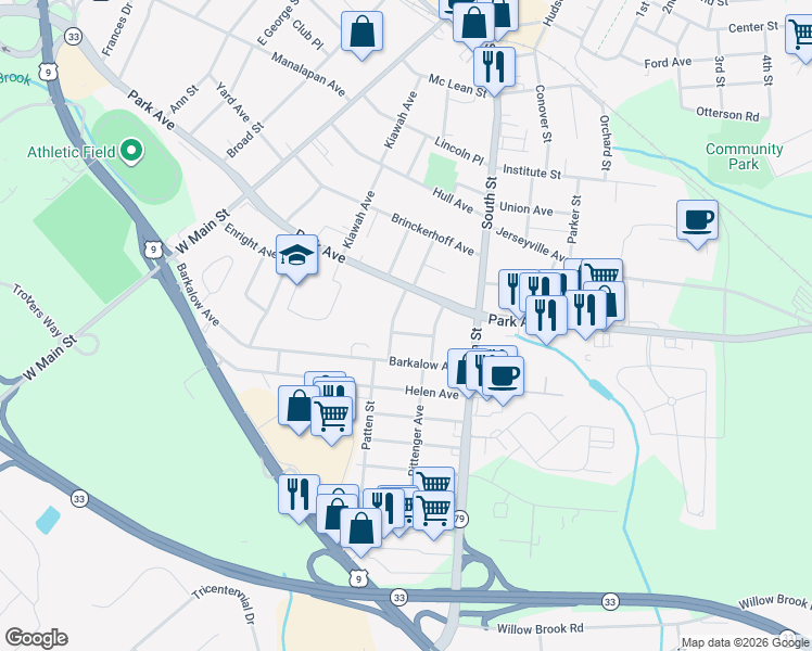 map of restaurants, bars, coffee shops, grocery stores, and more near 10 Briar Road in Freehold
