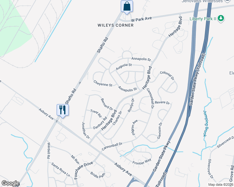 map of restaurants, bars, coffee shops, grocery stores, and more near 34 Karen Drive in Tinton Falls