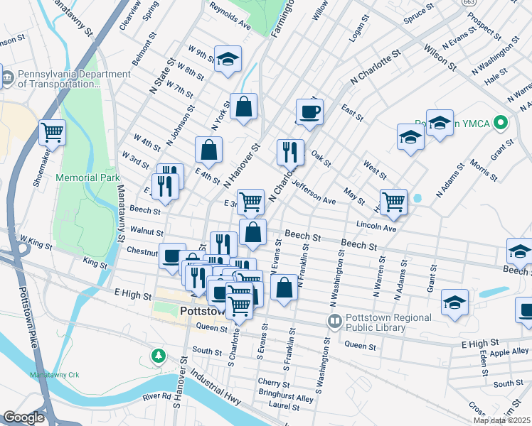 map of restaurants, bars, coffee shops, grocery stores, and more near 230 North Charlotte Street in Pottstown