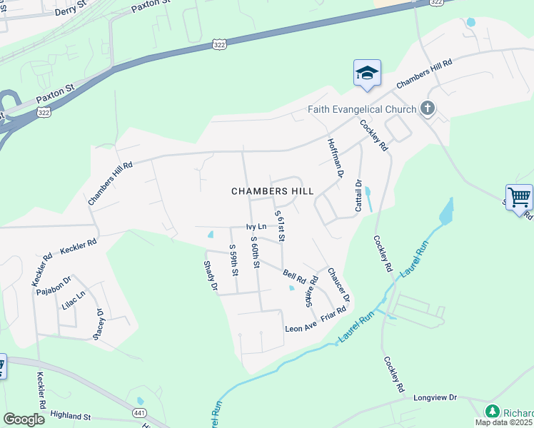 map of restaurants, bars, coffee shops, grocery stores, and more near 621 South 61st Street in Harrisburg
