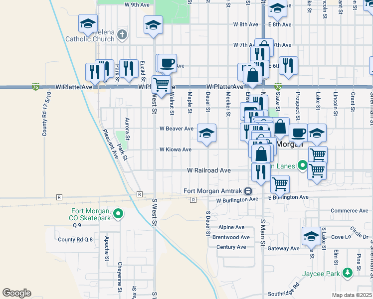 map of restaurants, bars, coffee shops, grocery stores, and more near 222 Maple Street in Fort Morgan