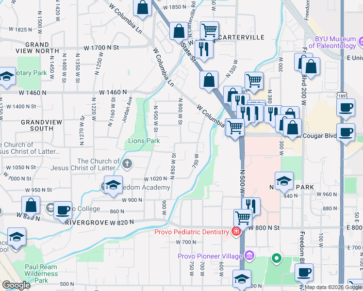 map of restaurants, bars, coffee shops, grocery stores, and more near 1174 850 West in Provo