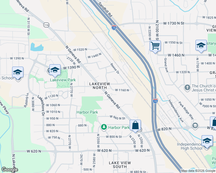 map of restaurants, bars, coffee shops, grocery stores, and more near 1180 North Geneva Road in Provo