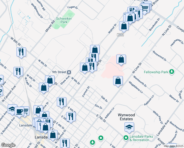 map of restaurants, bars, coffee shops, grocery stores, and more near 1101 North Broad Street in Lansdale