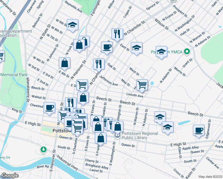 map of restaurants, bars, coffee shops, grocery stores, and more near 434 Lincoln Avenue in Pottstown