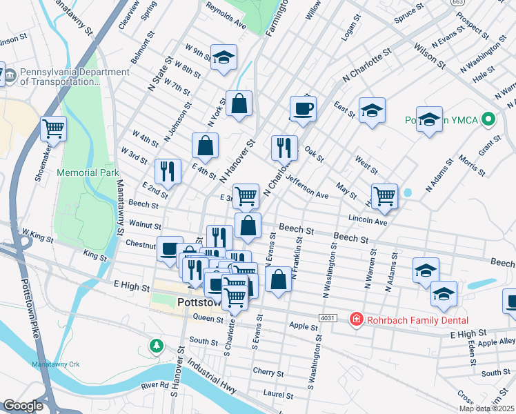 map of restaurants, bars, coffee shops, grocery stores, and more near 213 North Charlotte Street in Pottstown