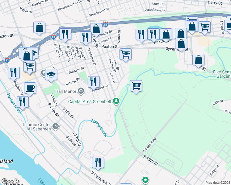 map of restaurants, bars, coffee shops, grocery stores, and more near 1340 South 19th Street in Harrisburg