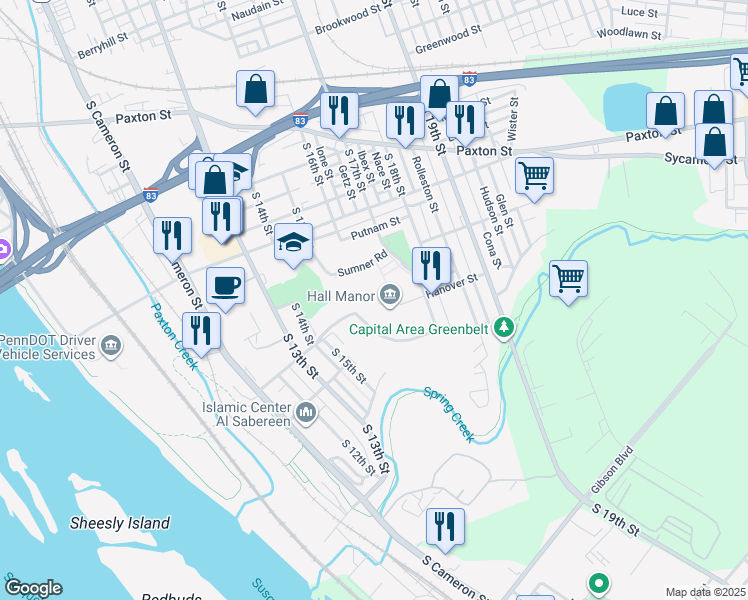map of restaurants, bars, coffee shops, grocery stores, and more near 36H Hall Manor Place in Harrisburg