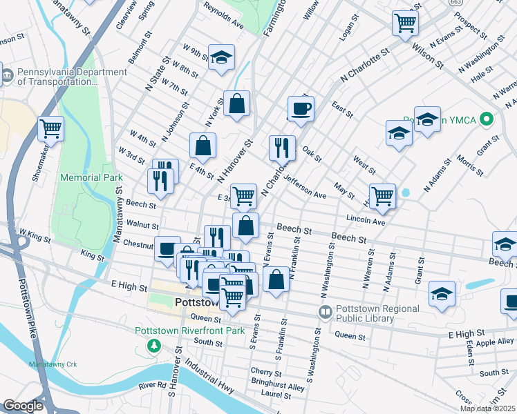 map of restaurants, bars, coffee shops, grocery stores, and more near 230 North Charlotte Street in Pottstown