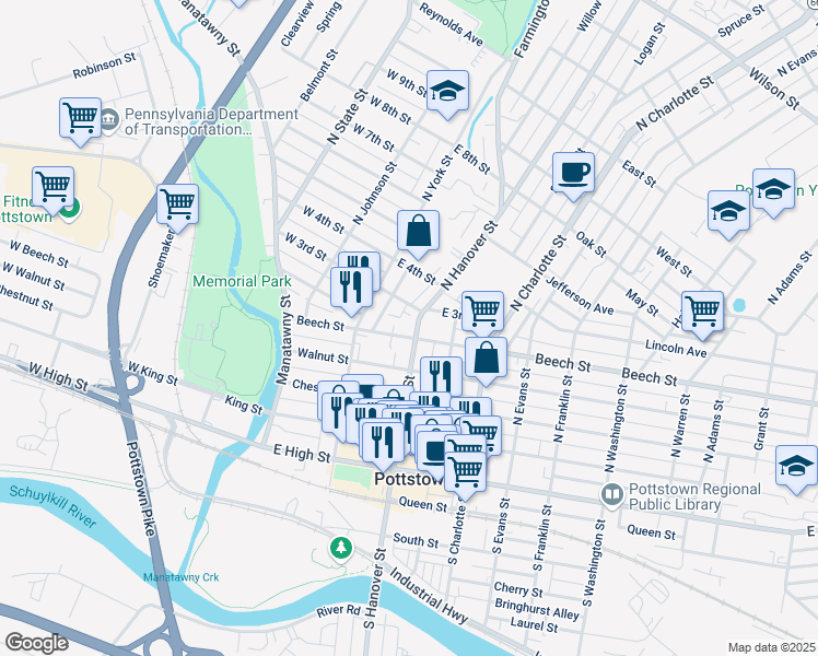 map of restaurants, bars, coffee shops, grocery stores, and more near 209 North Hanover Street in Pottstown