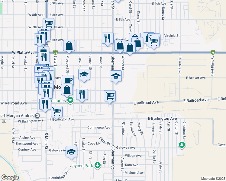 map of restaurants, bars, coffee shops, grocery stores, and more near 300 Sherman Street in Fort Morgan