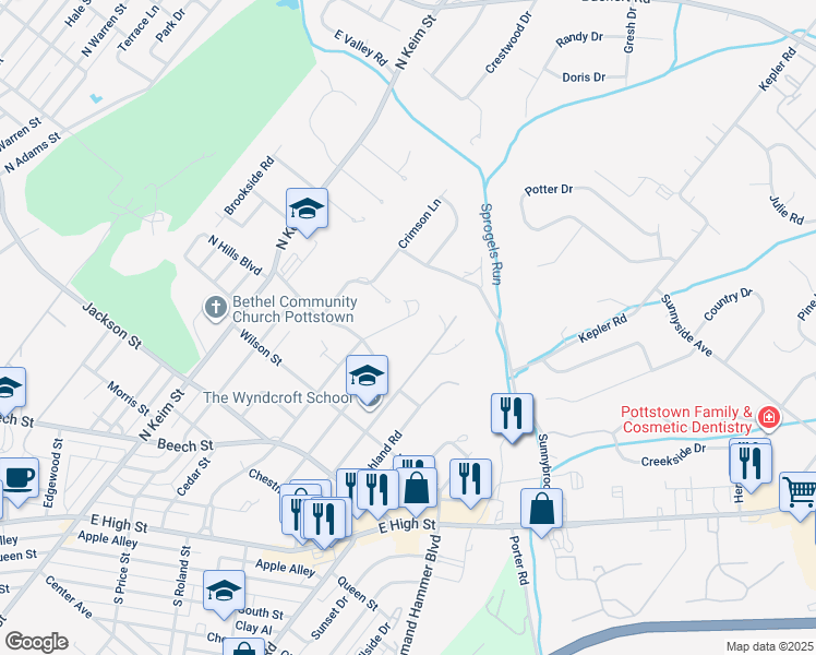 map of restaurants, bars, coffee shops, grocery stores, and more near 536 North Roland Street in Pottstown