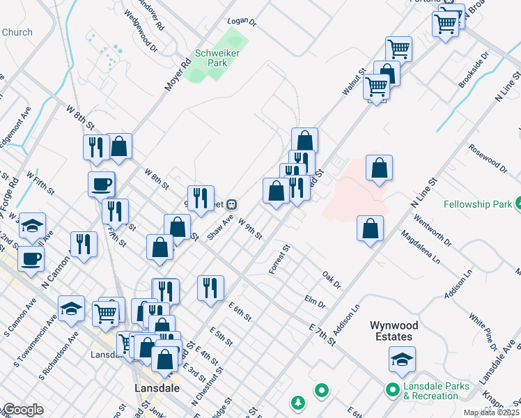 map of restaurants, bars, coffee shops, grocery stores, and more near 925 Walnut Street in Lansdale