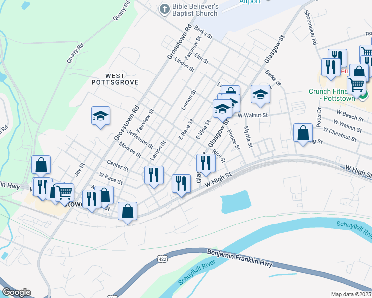 map of restaurants, bars, coffee shops, grocery stores, and more near 306 West Vine Street in Stowe