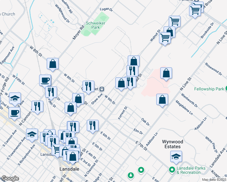 map of restaurants, bars, coffee shops, grocery stores, and more near 925 Walnut Street in Lansdale