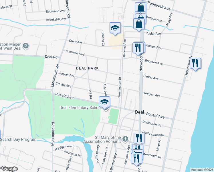 map of restaurants, bars, coffee shops, grocery stores, and more near 111 Runyan Avenue in Deal