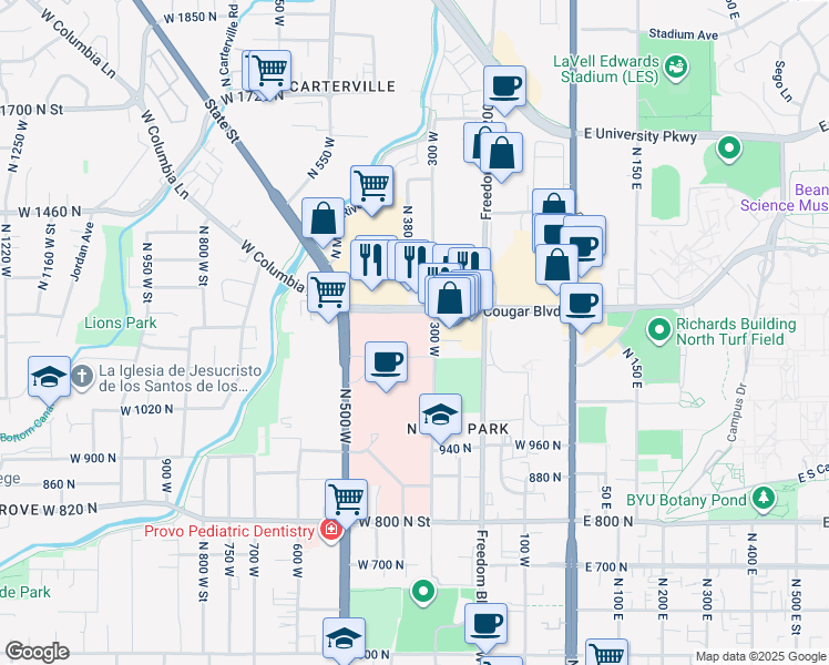 map of restaurants, bars, coffee shops, grocery stores, and more near 1157 North 300 West in Provo