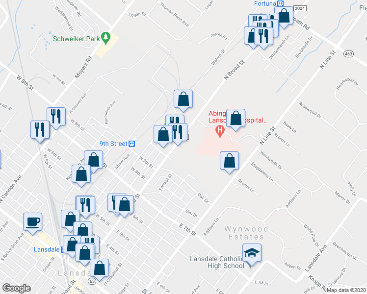 map of restaurants, bars, coffee shops, grocery stores, and more near 1101 North Broad Street in Lansdale