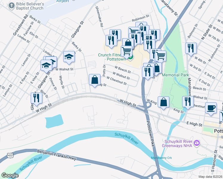 map of restaurants, bars, coffee shops, grocery stores, and more near 337 West High Street in Pottstown
