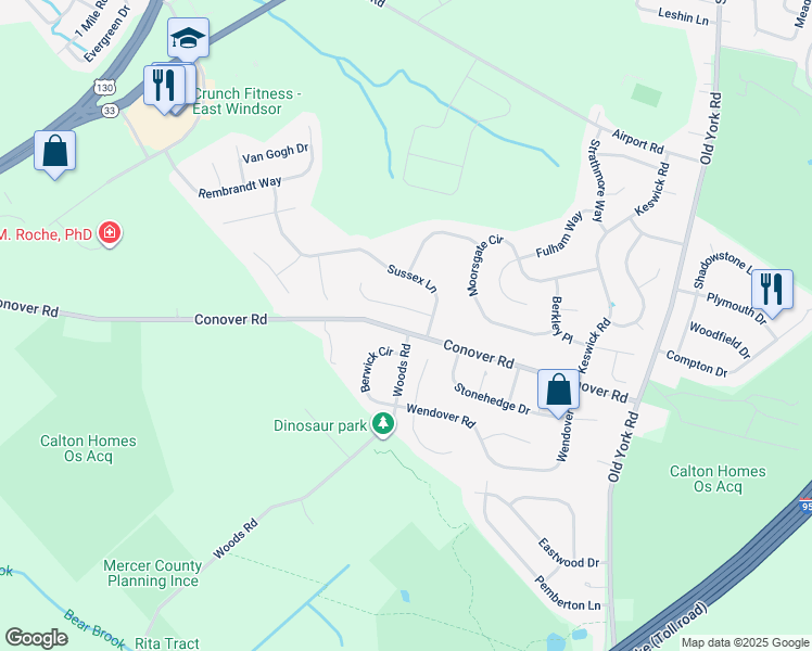 map of restaurants, bars, coffee shops, grocery stores, and more near 257 Conover Road in East Windsor