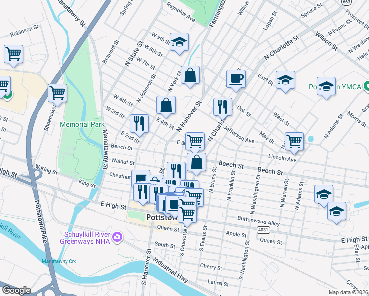 map of restaurants, bars, coffee shops, grocery stores, and more near 237 Beech Street in Pottstown